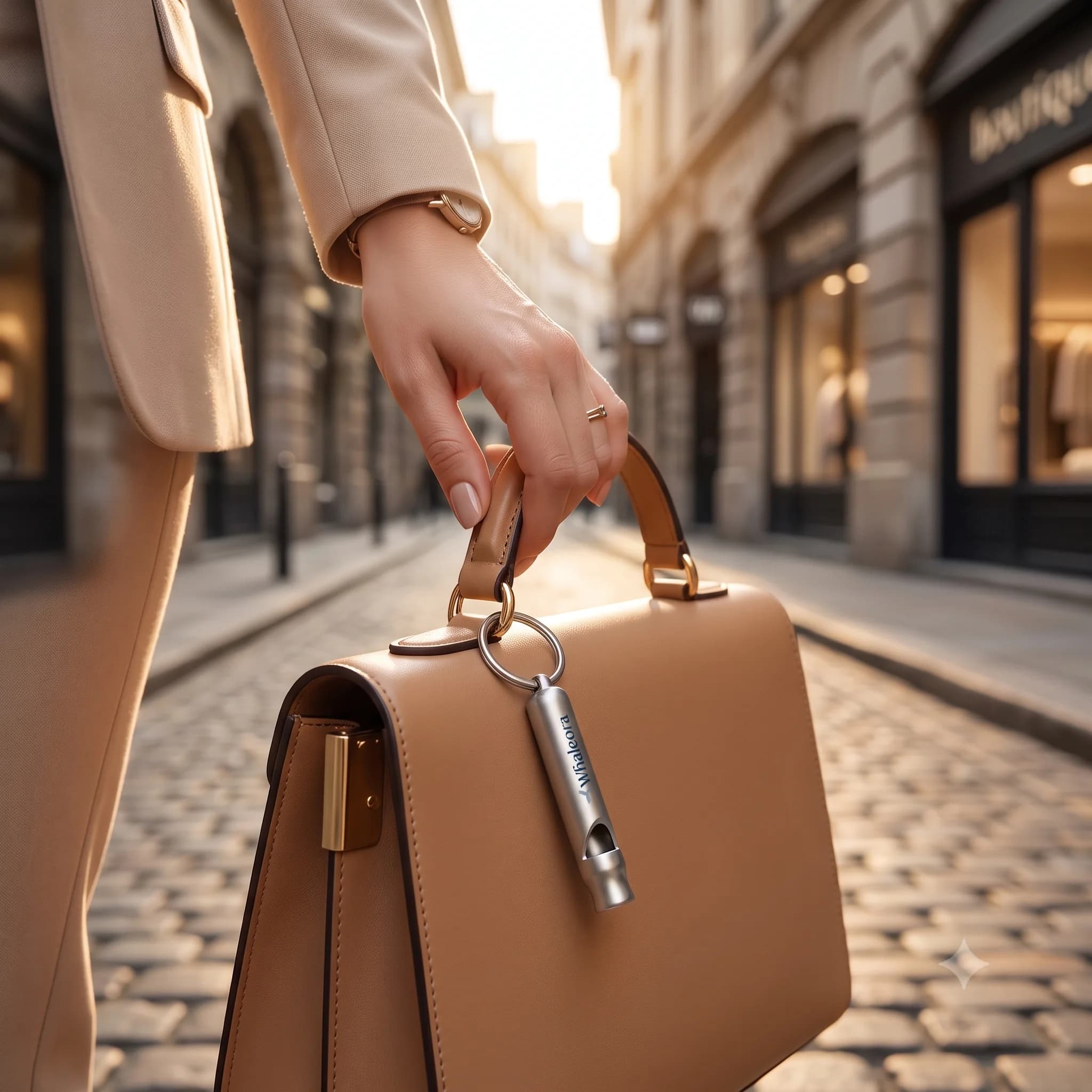 Whaleora survival whistle carried on a handbag
